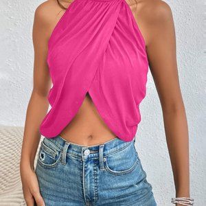 Crossover Rhinestone Chain Detail Backless Halter Top